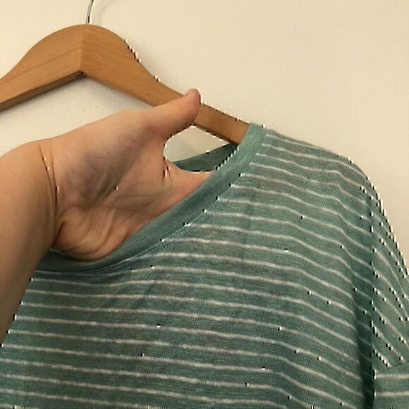 NEW NWT NICOLE MILLER Aqua Green White Stripe 100% Linen Boxy Short Sleeve Top S - Picture 6 of 10